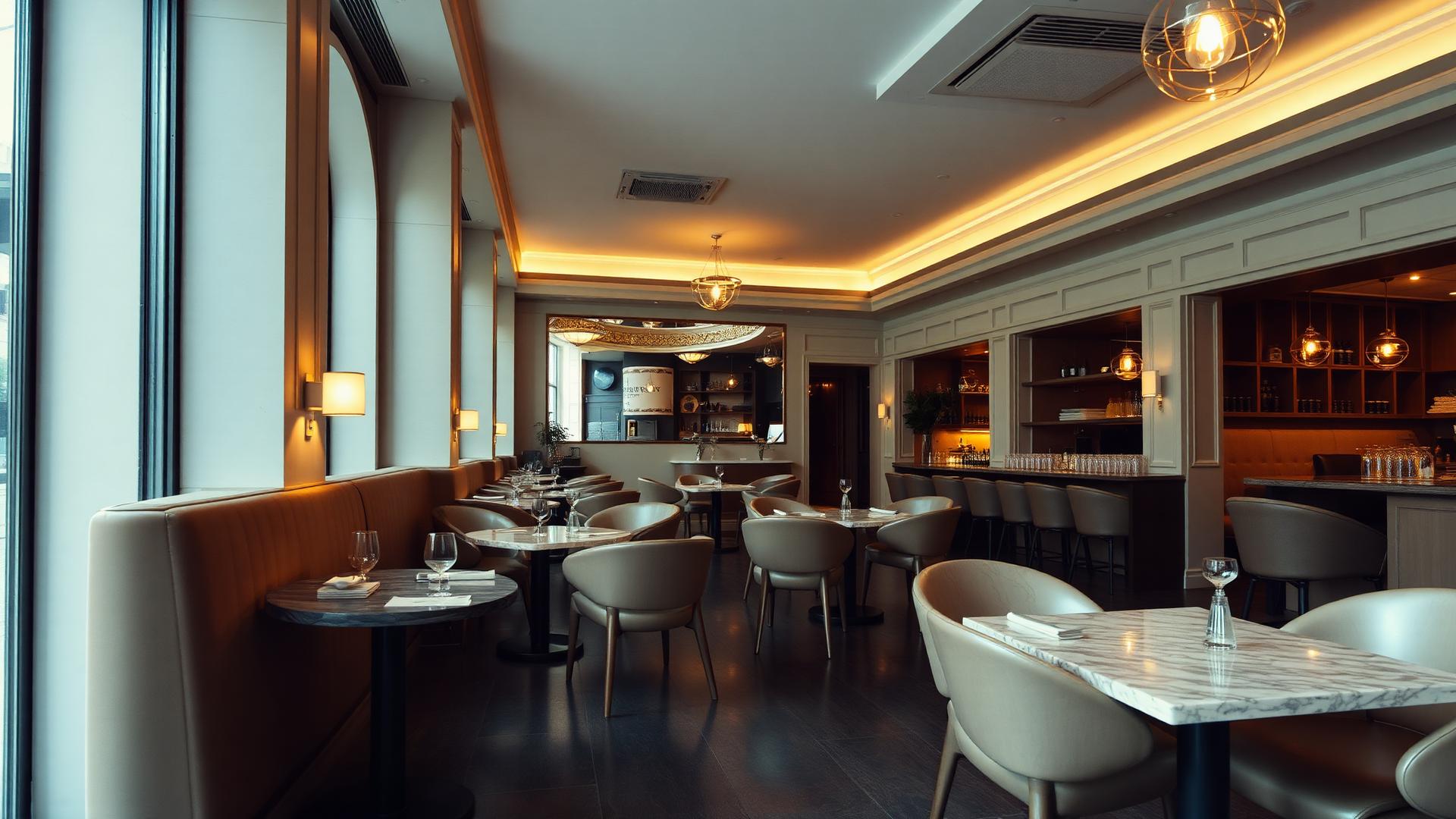 Boutique cafe with marble bistro tables